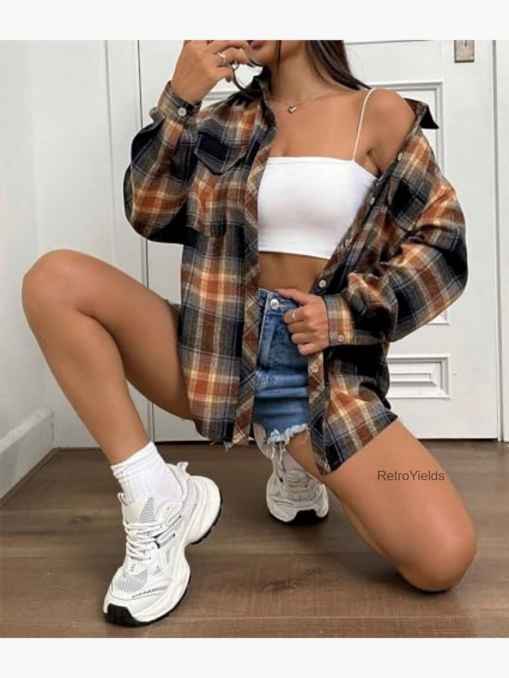 Womens Casual Cuffed Long Sleeve Boyfriend Button Down Plaid Flannel Shirt Tops - Picture 5 of 7